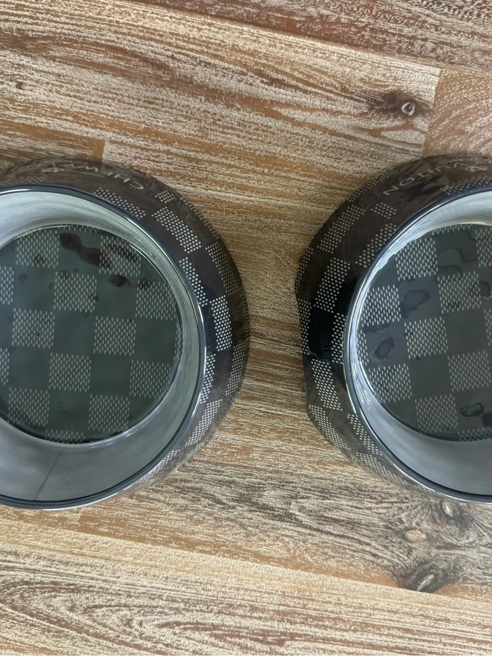 Dog bowls (2) chewy Vuiton Paris gray/black check new size medium